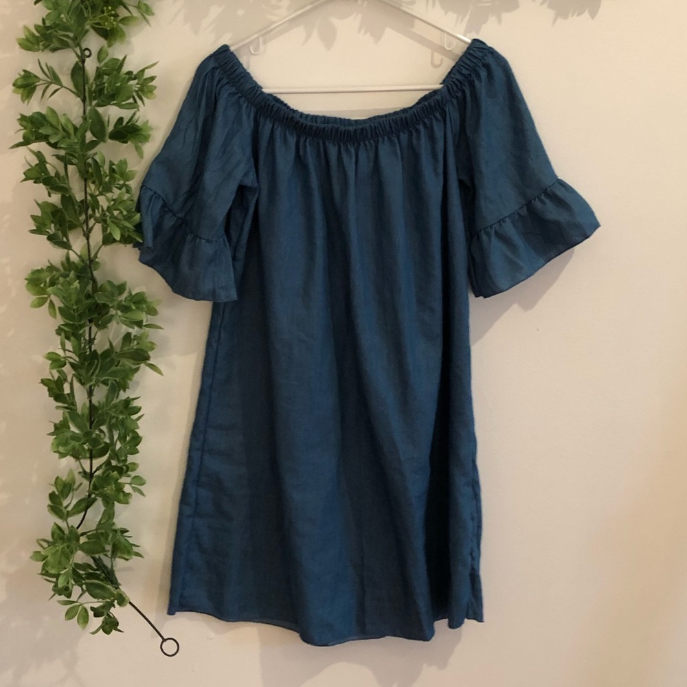 See You Monday Off the Shoulder Denim Dress